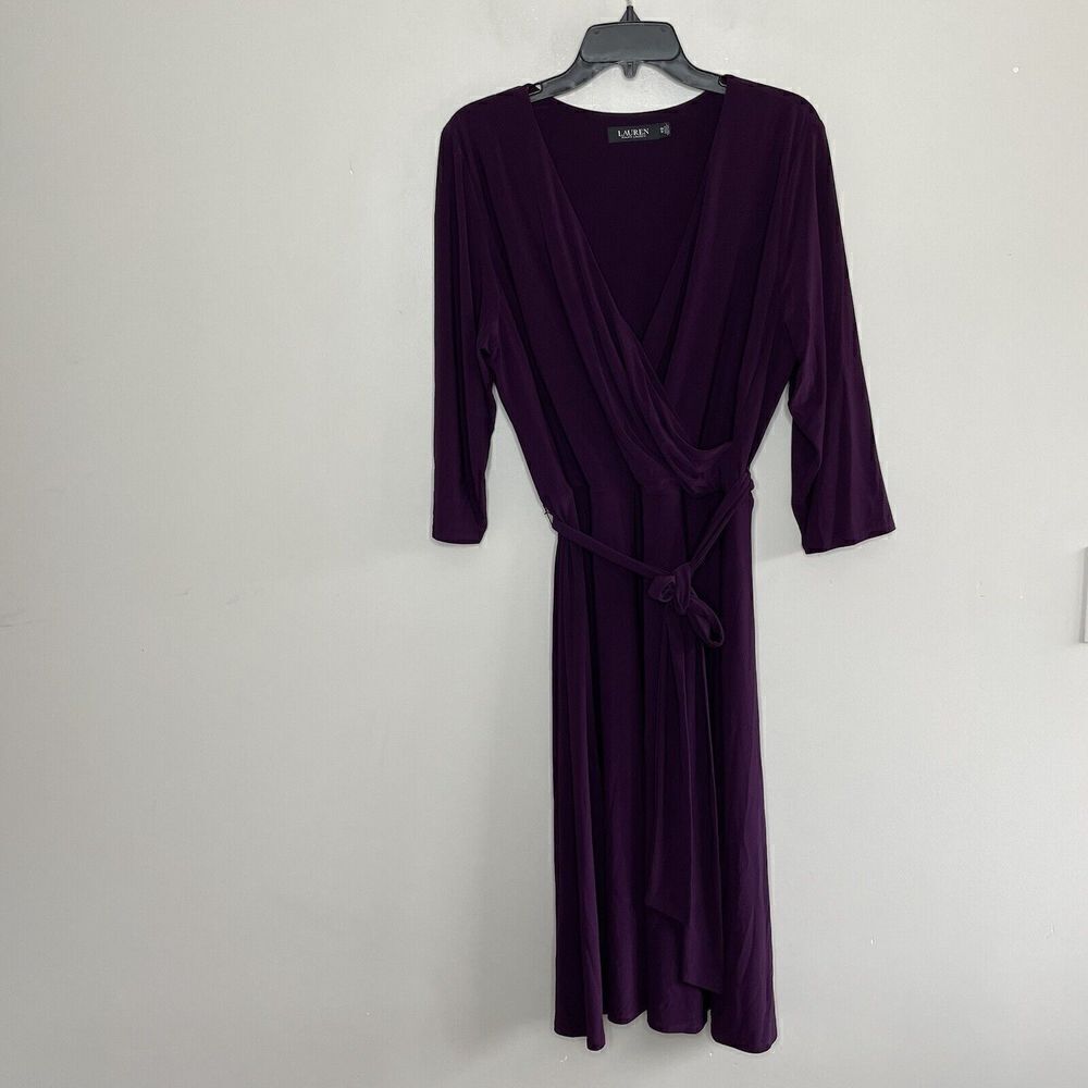 LAUREN Ralph Lauren Plum Faux-Wrap Dress Sz 16W Belt Stretch-Knit Purple